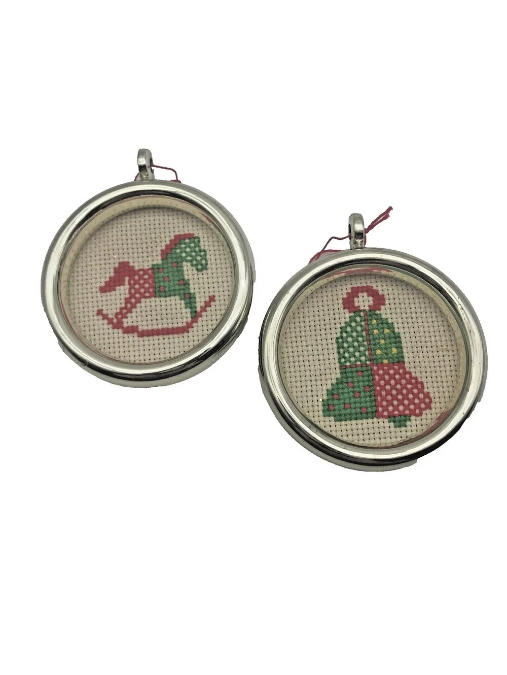 Vtg Cross stitch Christmas Ornaments Mini Frames Lot of 2 Bell Rocking Horse 2”